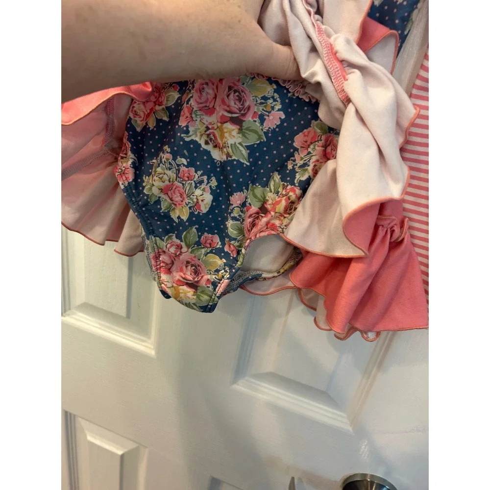 Cheeky Plum Leotard Dress Pink Floral Striped Ruffle Long Sleeve 4T‎ Boutique